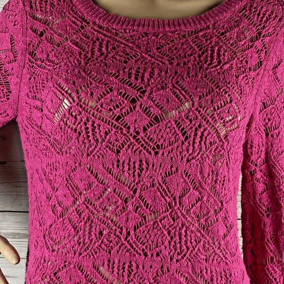 LC Lauren Conrad Sweater Medium Bright Pink Crochet Lace Front Tie Back Knit Top - Picture 7 of 12